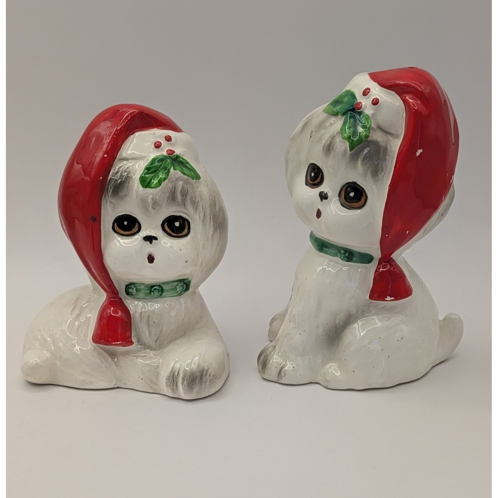 Vintage Christmas White Dogs Salt And Pepper Shakers X-488 Santa Hat. Japan - Picture 1 of 16